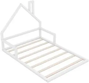 Full Size Wood Floor Bed With House-Shaped Headboard, White Full Size Wood Floor Bed With House-Shaped Headboard, White