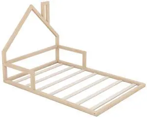 Full Size Wood Floor Bed With House-Shaped Headboard, Natural Full Size Wood Floor Bed With House-Shaped Headboard, Natural