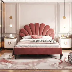 Full Size Upholstered Platform Bed With Flower Pattern Velvet Headboard, Bean Paste Red Full Size Upholstered Platform Bed With Flower Pattern Velvet Headboard, Bean Paste Red