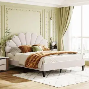 Queen Size Upholstered Platform Bed With Flower Pattern Velvet Headboard, Beige Queen Size Upholstered Platform Bed With Flower Pattern Velvet Headboard, Beige