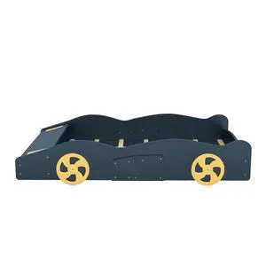 Full Size Race Car-Shaped Platform Bed With Wheels And Storage, Dark Blue+Yellow Full Size Race Car-Shaped Platform Bed With Wheels And Storage, Dark Blue+Yellow