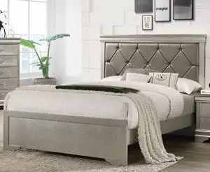Modern 1Pc Beige Champagne Finish Queen Size Panel Bed Wooden Crocodile Texture Pu Upholstered Headboard Crystal-Like Button Tufted Fabric Bedroom Furniture Modern 1Pc Beige Champagne Finish Queen Size Panel Bed Wooden Crocodile Texture Pu Upholstered Headboard Crystal-Like Button Tufted Fabric Bedroom Furniture