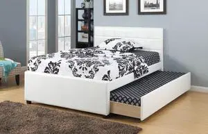Twin Size Bed W/ Trundle Slats White Faux Leather Upholstered Plywood Kids Youth Bedroom Furniture Wooden Slats 1Pc Bed Twin Size Bed W/ Trundle Slats White Faux Leather Upholstered Plywood Kids Youth Bedroom Furniture Wooden Slats 1Pc Bed