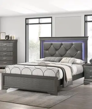 Dark Gray Faux Leather Tufted Headboard 1pc Queen Size Bed w LED Bedroom Furniture Gray Unique Texture FB Solid wood Dark Gray Faux Leather Tufted Headboard 1pc Queen Size Bed w LED Bedroom Furniture Gray Unique Texture FB Solid wood