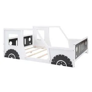 Full Size Classic Car-Shaped Platform Bed With Wheels,White Full Size Classic Car-Shaped Platform Bed With Wheels,White