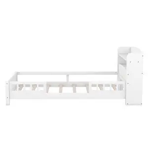 Wood Twin Size Platform Bed With Built-In Led Light, Storage Headboard And Guardrail, White Wood Twin Size Platform Bed With Built-In Led Light, Storage Headboard And Guardrail, White