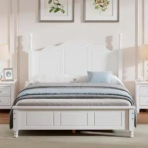 Full Size Wood Platform Bed Frame,Retro Style Platform Bed With Wooden Slat Support,White Full Size Wood Platform Bed Frame,Retro Style Platform Bed With Wooden Slat Support,White