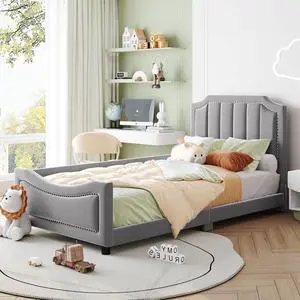 Twin Size Upholstered Daybed With Classic Stripe Shaped Headboard, Gray Twin Size Upholstered Daybed With Classic Stripe Shaped Headboard, Gray