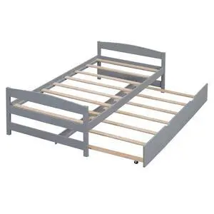 Twin Size Platform Bed With Twin Size Trundle, Gray Twin Size Platform Bed With Twin Size Trundle, Gray