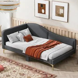 Twin Size Upholstered Daybed With Headboard And Armrest, Support Legs, Grey Twin Size Upholstered Daybed With Headboard And Armrest, Support Legs, Grey