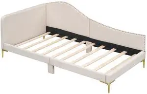 Twin Size Upholstered Daybed With Headboard And Armrest, Support Legs, Beige Twin Size Upholstered Daybed With Headboard And Armrest, Support Legs, Beige