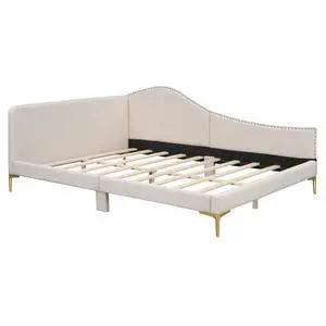 Full Size Upholstered Daybed With Headboard And Armrest, Support Legs, Beige Full Size Upholstered Daybed With Headboard And Armrest, Support Legs, Beige