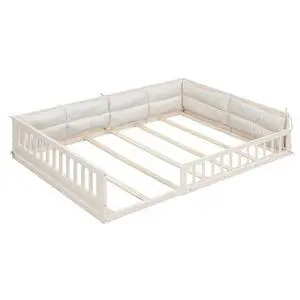 Wood Full Size Upholstered Platform Bed With Guardrail And Pillow, Beige Wood Full Size Upholstered Platform Bed With Guardrail And Pillow, Beige