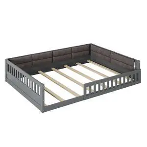 Wood Full Size Upholstered Platform Bed With Guardrail And Pillow, Gray Wood Full Size Upholstered Platform Bed With Guardrail And Pillow, Gray