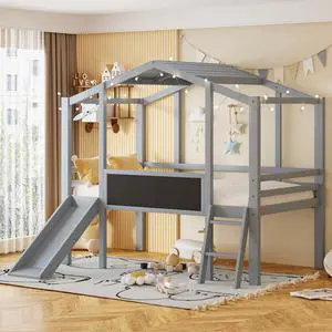 Twin Size Loft Bed With Ladder And Slide, House Bed With Blackboard And Light Strip On The Roof, Gray Twin Size Loft Bed With Ladder And Slide, House Bed With Blackboard And Light Strip On The Roof, Gray