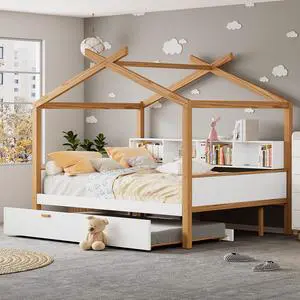 White Full Size Wooden House Bed With Original Wood Colored Frame Twin Size Trundle And Bookshelf Storage Space For Children Or Guest Room White Full Size Wooden House Bed With Original Wood Colored Frame Twin Size Trundle And Bookshelf Storage Space For Children Or Guest Room