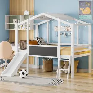 Twin Size Loft Bed With Ladder And Slide, House Bed With Blackboard And Light Strip On The Roof, White Twin Size Loft Bed With Ladder And Slide, House Bed With Blackboard And Light Strip On The Roof, White