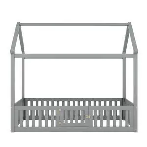 Twin Size Wood House Bed With Fence And Door, Gray(Old Sku: Wf303131Aae) Twin Size Wood House Bed With Fence And Door, Gray(Old Sku: Wf303131Aae)