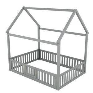 Full Size Wood House Bed With Fence And Door, Gray Full Size Wood House Bed With Fence And Door, Gray