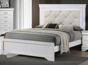 White Faux Leather Tufted Headboard 1pc Queen Size Bed w LED Bedroom Furniture White Unique Texture FB Solid wood White Faux Leather Tufted Headboard 1pc Queen Size Bed w LED Bedroom Furniture White Unique Texture FB Solid wood