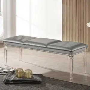 Antique Classic Silver 1pc Bench Only Contemporary Solid wood Acrylic Legs Crystal And Mirror Accent Antique Classic Silver 1pc Bench Only Contemporary Solid wood Acrylic Legs Crystal And Mirror Accent