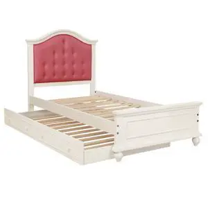 Contemporary Style Twin Size Bed W/ Trundle Slats Pine Plywood Kids Youth Bedroom Furniture Pink Faux Leather Tufted Hb Contemporary Style Twin Size Bed W/ Trundle Slats Pine Plywood Kids Youth Bedroom Furniture Pink Faux Leather Tufted Hb