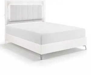 Glam White Queen Panel Bed Led Light Upholstered Headboard Faux Marble Laminated Top Chrome Metal Legs Bedroom Furniture 1Pc Glam White Queen Panel Bed Led Light Upholstered Headboard Faux Marble Laminated Top Chrome Metal Legs Bedroom Furniture 1Pc