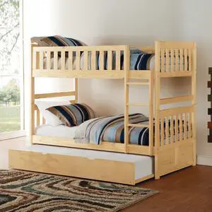 Twin Over Twin Bunk Bed With Trundle Natural Pine Finish Sturdy Ladder Wooden Transitional Bedroom Furniture 1Pc Children Bed Twin Over Twin Bunk Bed With Trundle Natural Pine Finish Sturdy Ladder Wooden Transitional Bedroom Furniture 1Pc Children Bed