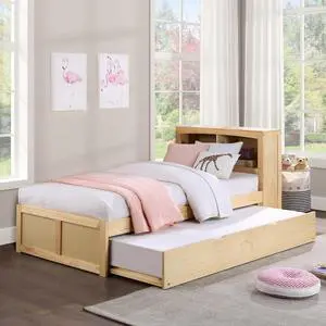 Modern Twin Size Platform Bed With Trundle Bookcase Headboard Natural Pine Finish Wooden Bedroom Furniture 1Pc Modern Twin Size Platform Bed With Trundle Bookcase Headboard Natural Pine Finish Wooden Bedroom Furniture 1Pc