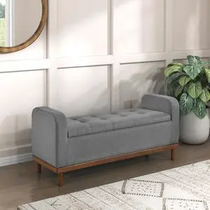 Mid-Century Modern Lift Top Storage Bench 1pc Tufted Gray Upholstered Solid Wood Walnut Finish Wooden Furniture Mid-Century Modern Lift Top Storage Bench 1pc Tufted Gray Upholstered Solid Wood Walnut Finish Wooden Furniture