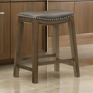 Miel 26 Inch Counter Height Stool, Gray Faux Leather Seat, Brown Solid Wood Miel 26 Inch Counter Height Stool, Gray Faux Leather Seat, Brown Solid Wood