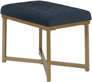 Metal Framed Bench with Button Tufted Velvet Upholstered Seat, Dark Blue and Gold Metal Framed Bench with Button Tufted Velvet Upholstered Seat, Dark Blue and Gold