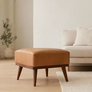 Tan Buffalo Leather Footstool, Upholstered, Nordic Legs, Tan and Dark Brown Tan Buffalo Leather Footstool, Upholstered, Nordic Legs, Tan and Dark Brown