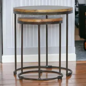 Solid Wood Round Stool with Iron Base, Set of 2, Light Brown Solid Wood Round Stool with Iron Base, Set of 2, Light Brown