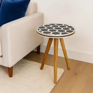 Solid Wood Bone Inlay Tripod Stool, Black and White Solid Wood Bone Inlay Tripod Stool, Black and White