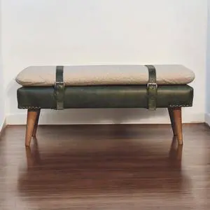 Bouclé Buffalo Hide Olive Green Leather Bench, Nordic Legs, Bouclé Buffalo Hide Olive Green Leather Bench, Nordic Legs,