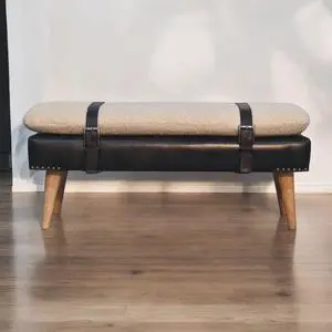 Bouclé Buffalo Hide Black Leather Bench Upholstered, Nordic Legs, Beige and Black Bouclé Buffalo Hide Black Leather Bench Upholstered, Nordic Legs, Beige and Black