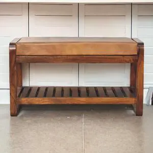 Solid Wood Small Buffalo Slatted Bench, Leather Upholstered, Open Storage, Tan and Brown Solid Wood Small Buffalo Slatted Bench, Leather Upholstered, Open Storage, Tan and Brown
