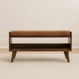 Solid Wood Chestnut Bench with Leather Seat pad, Nordic Legs, Tan and Dark Brown Solid Wood Chestnut Bench with Leather Seat pad, Nordic Legs, Tan and Dark Brown