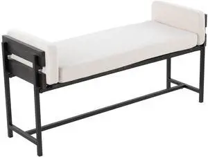 18" Bench with Black Metal, Grey Wood and Cream Fabric 18" Bench with Black Metal, Grey Wood and Cream Fabric