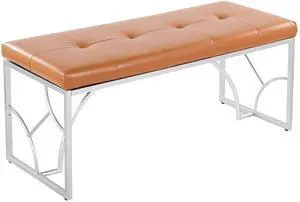 Contemporary Bench in Silver Metal and Camel Faux Leather Contemporary Bench in Silver Metal and Camel Faux Leather