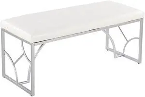 Contemporary Bench in Silver Metal and White Faux Leather Contemporary Bench in Silver Metal and White Faux Leather