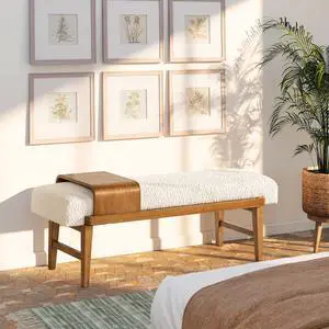Billie 52" Modern Telephone Bench with Sliding Shelf, Ivory White Boucle Billie 52" Modern Telephone Bench with Sliding Shelf, Ivory White Boucle