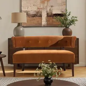 Jared Roll Arm Tufted Bench Settee, Burnt Orange Performance Velvet Jared Roll Arm Tufted Bench Settee, Burnt Orange Performance Velvet