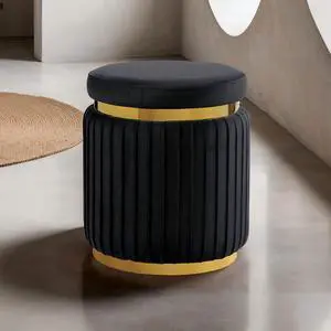 Black Finish Contemporary Style 1pc Round Accent Stool Stainless Steel Gold Trim Velvet Fabric Primary Living Room Black Finish Contemporary Style 1pc Round Accent Stool Stainless Steel Gold Trim Velvet Fabric Primary Living Room