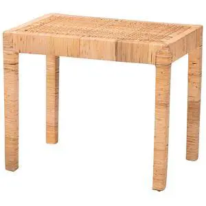 Modern Bohemian Natural Rattan and Mahogany Wood Short Accent Bench Modern Bohemian Natural Rattan and Mahogany Wood Short Accent Bench