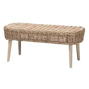 Modern Bohemian Natural Kubu Rattan and Grey Acacia Wood Accent Bench Modern Bohemian Natural Kubu Rattan and Grey Acacia Wood Accent Bench