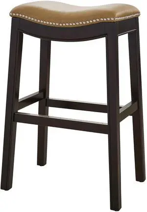 31in. H Bar-Height Wood Barstool with Tan Faux-Leather Seat, 1PC 31in. H Bar-Height Wood Barstool with Tan Faux-Leather Seat, 1PC