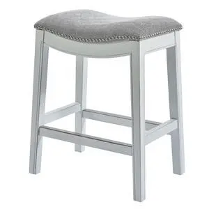31in. Bar-Height Backless Wood Narrow Saddle-Seat Barstool with Nailhead Trim, Farmhouse Whitewash with Gray Upholstered Seat, 1PC 31in. Bar-Height Backless Wood Narrow Saddle-Seat Barstool with Nailhead Trim, Farmhouse Whitewash with Gray Upholstered Seat, 1PC
