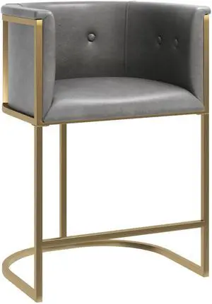 26" Counter Stool Gray Faux Leather with Brass-Finish Metal Base, 1PC 26" Counter Stool Gray Faux Leather with Brass-Finish Metal Base, 1PC